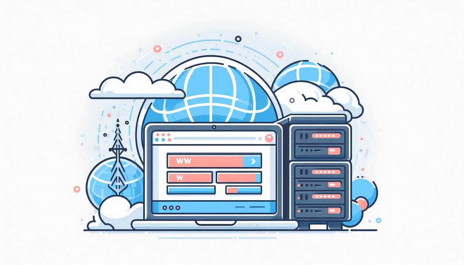 Laptop com site aberto, globo www e servidor, simbolizando domínio e hospedagem.